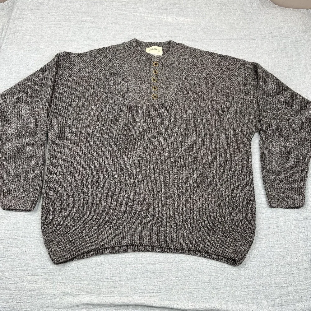 Eddie Bauer Sweater Men Large Gray Henley‎ Fisherman Heavy Rugged Made In USA
